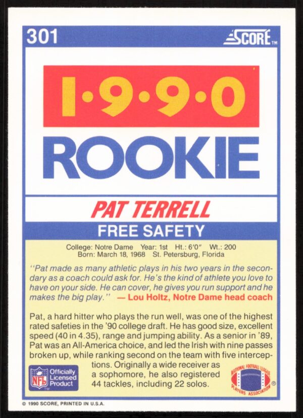 1990 Score Pat Terrell #301 (Back)