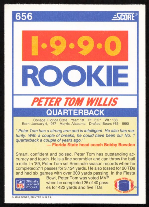 1990 Score Peter Tom Willis #656 (Back)