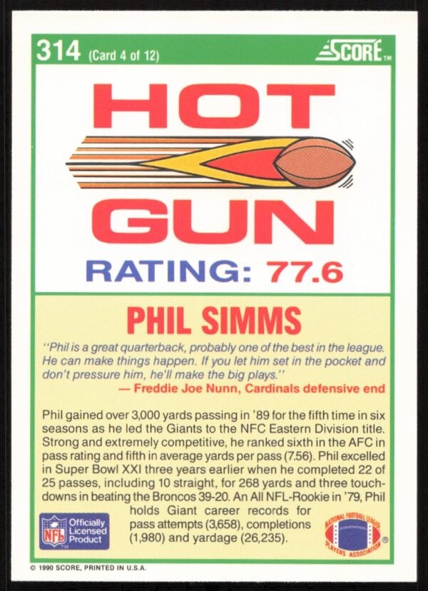 1990 Score Phil Simms #314 (Back)