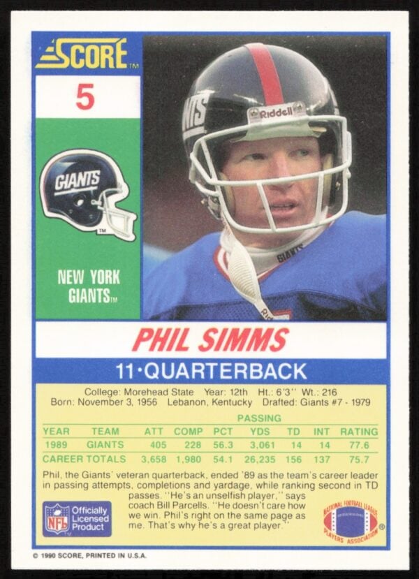 1990 Score Phil Simms #5 (Back)
