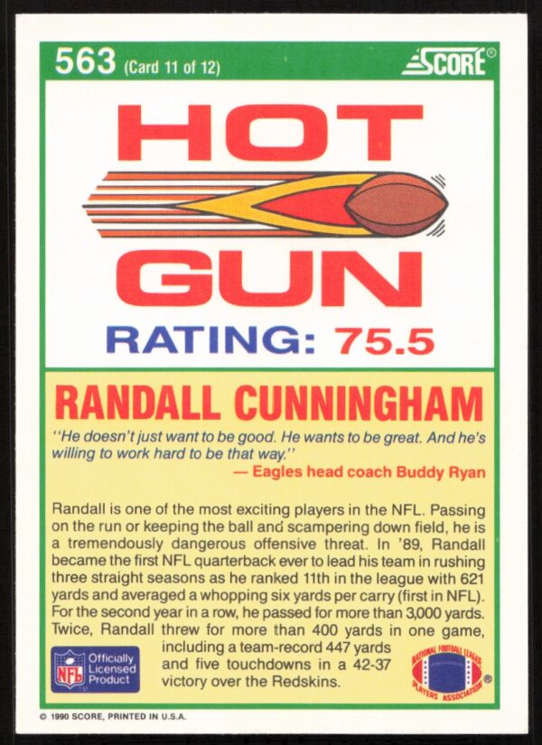 1990 Score Randall Cunningham #563 (Back)