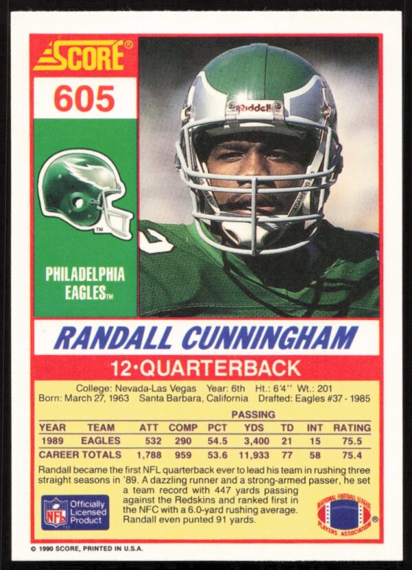 1990 Score Randall Cunningham #605 (Back)