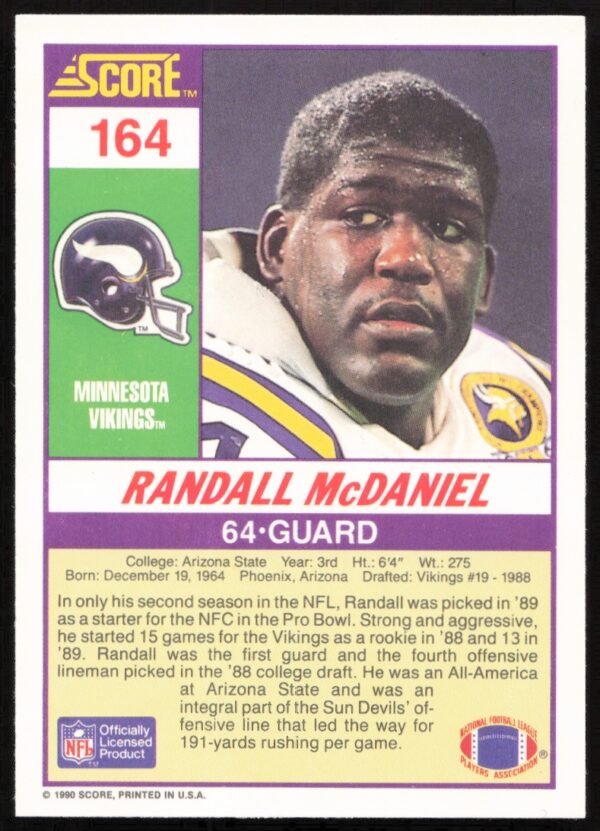 1990 Score Randall McDaniel #164 (Back)