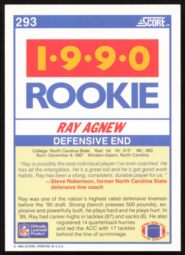 1990 Score Ray Agnew #293 (Back)