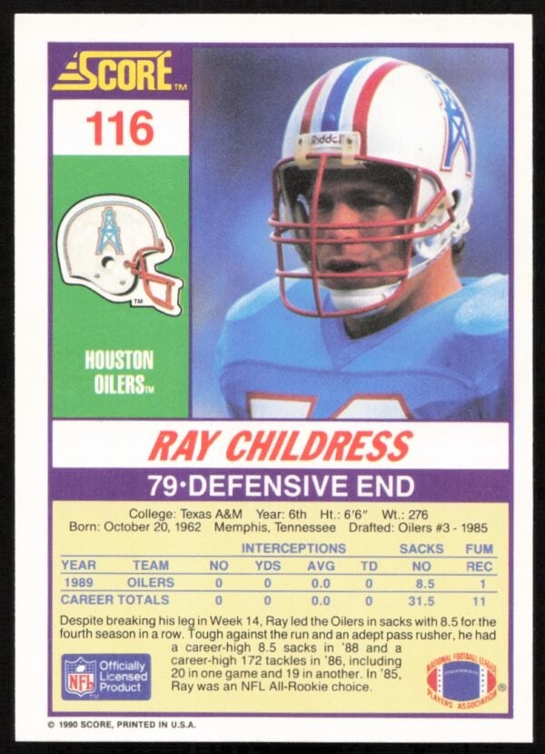 1990 Score Ray Childress #116 (Back)