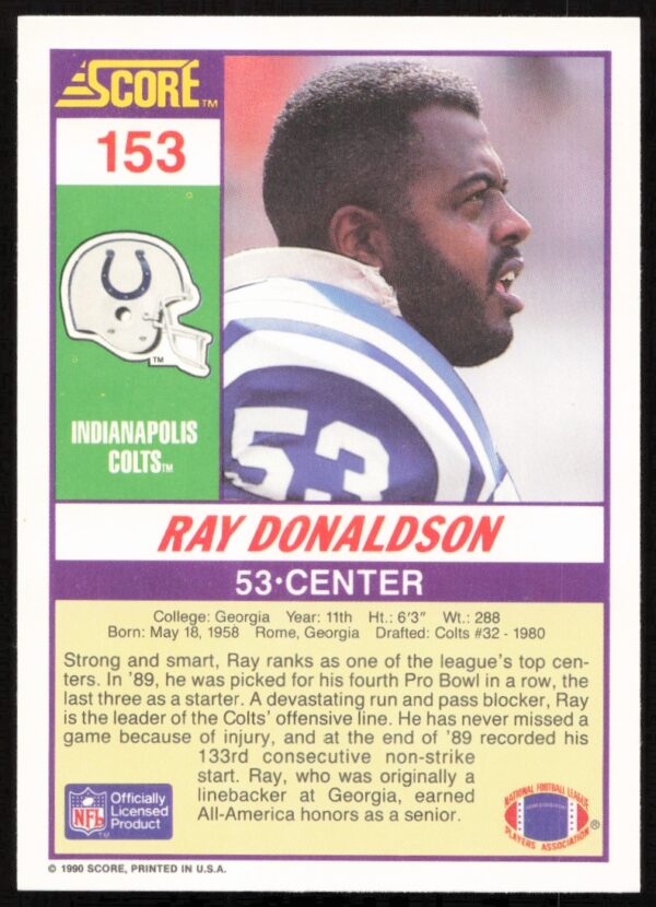 1990 Score Ray Donaldson #153 (Back)