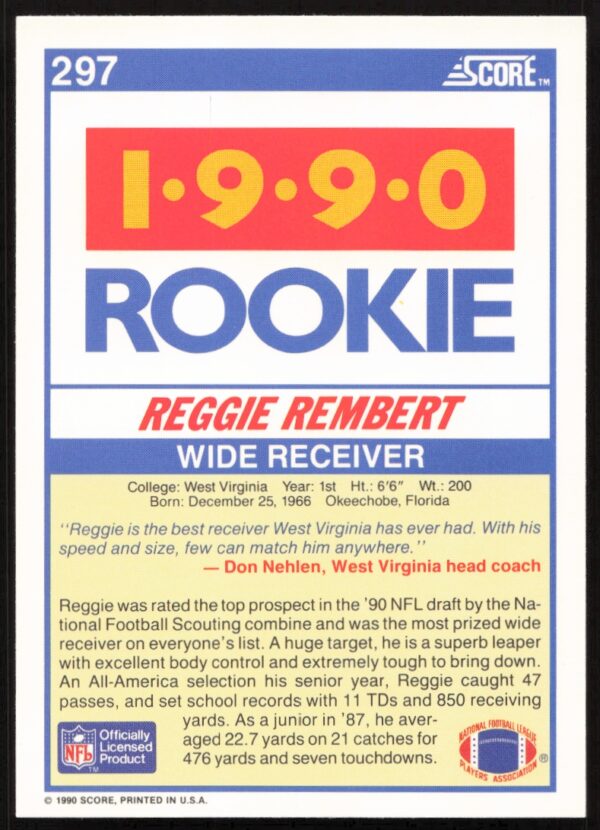 1990 Score Reggie Rembert #297 (Back)