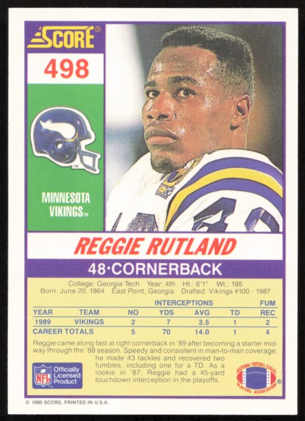 1990 Score Reggie Rutland #498 (Back)