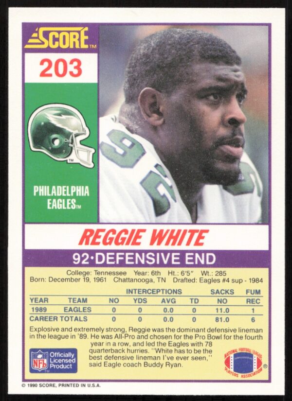 1990 Score Reggie White #203 (Back)