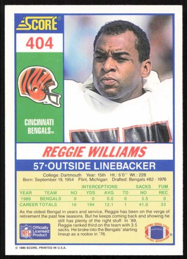 1990 Score Reggie Williams #404 (Back)