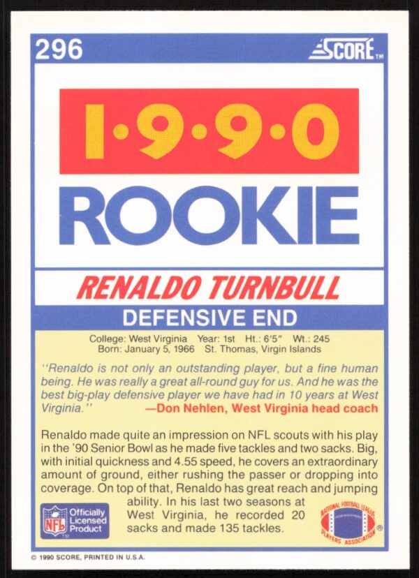 1990 Score Renaldo Turnbull #296 (Back)