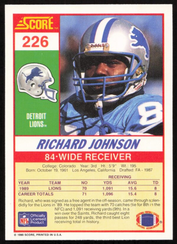 1990 Score Richard Johnson #226 (Back)