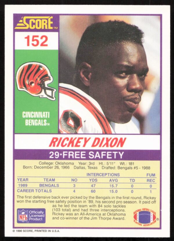 1990 Score Rickey Dixon #152 (Back)