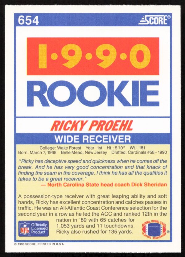 1990 Score Ricky Proehl #654 (Back)