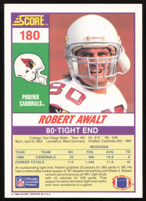 1990 Score Robert Awalt #180 (Back)