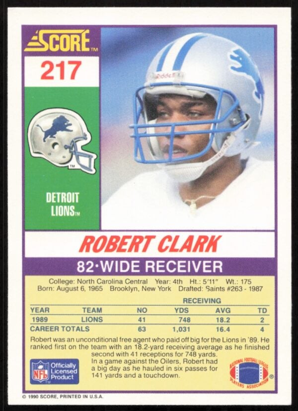 1990 Score Robert Clark #217 (Back)