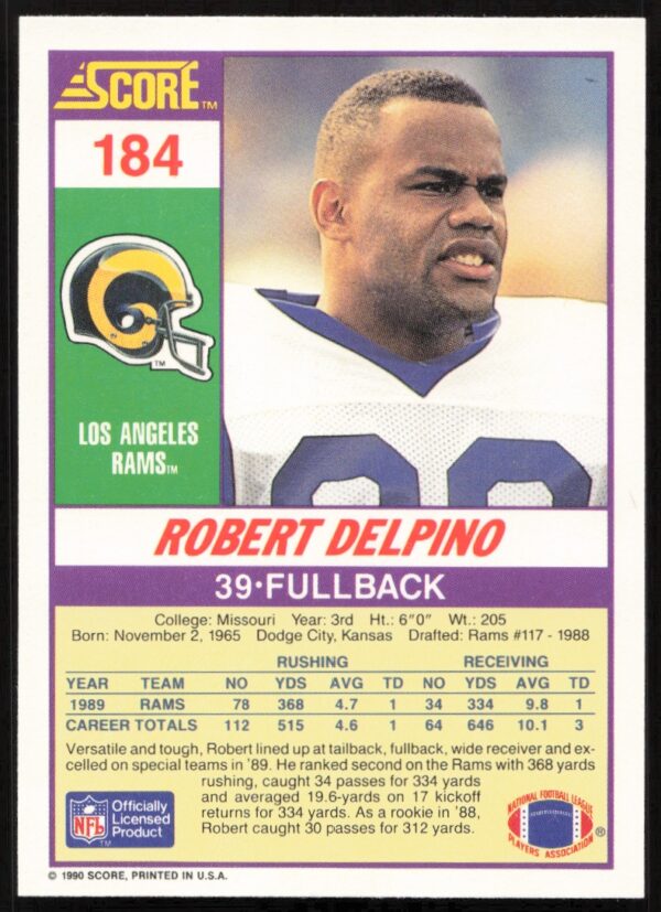 1990 Score Robert Delpino #184 (Back)