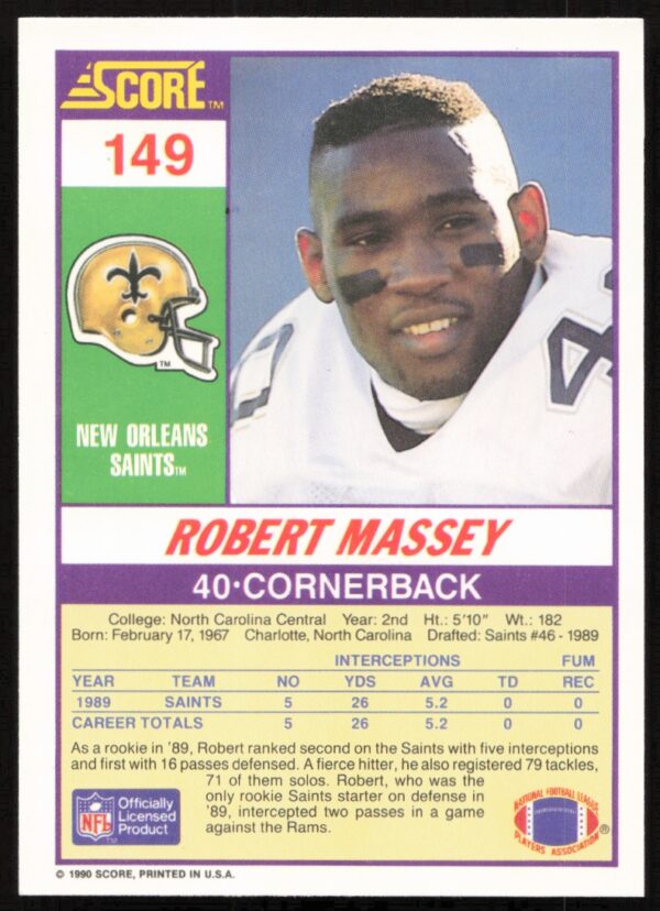 1990 Score Robert Massey #149 (Back)