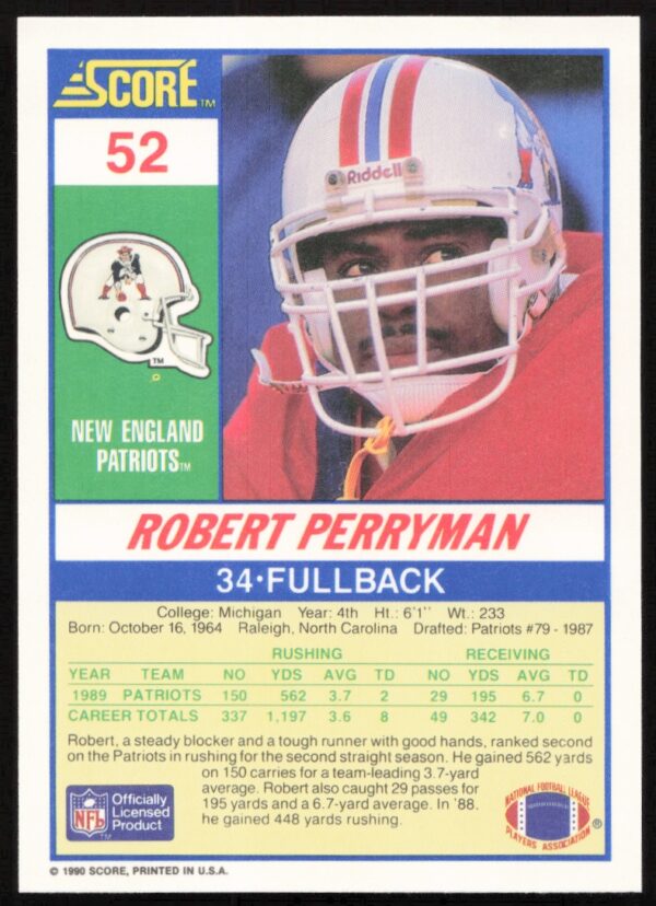 1990 Score Robert Perryman #52 (Back)