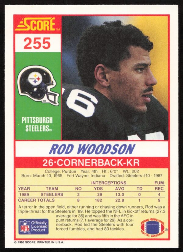 1990 Score Rod Woodson #255 (Back)