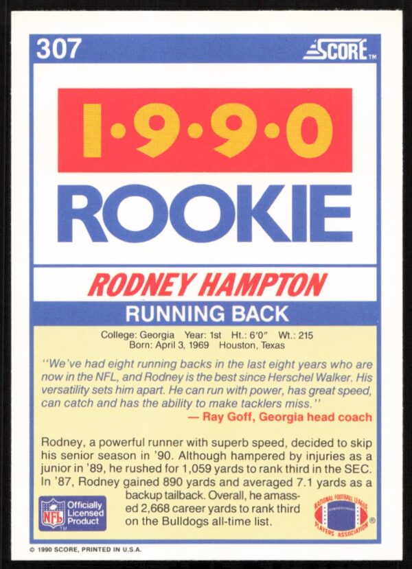 1990 Score Rodney Hampton #307 (Back)