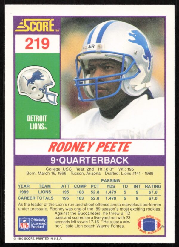 1990 Score Rodney Peete #219 (Back)