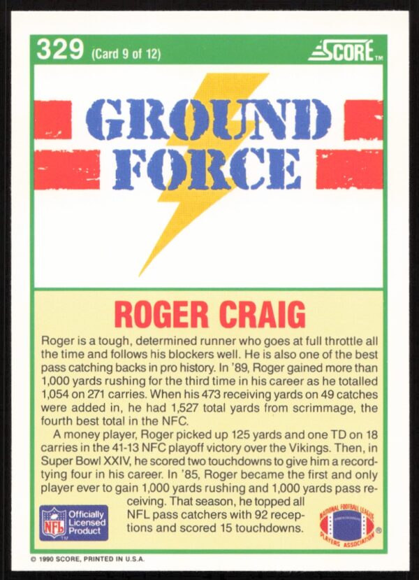 1990 Score Roger Craig #329 (Back)
