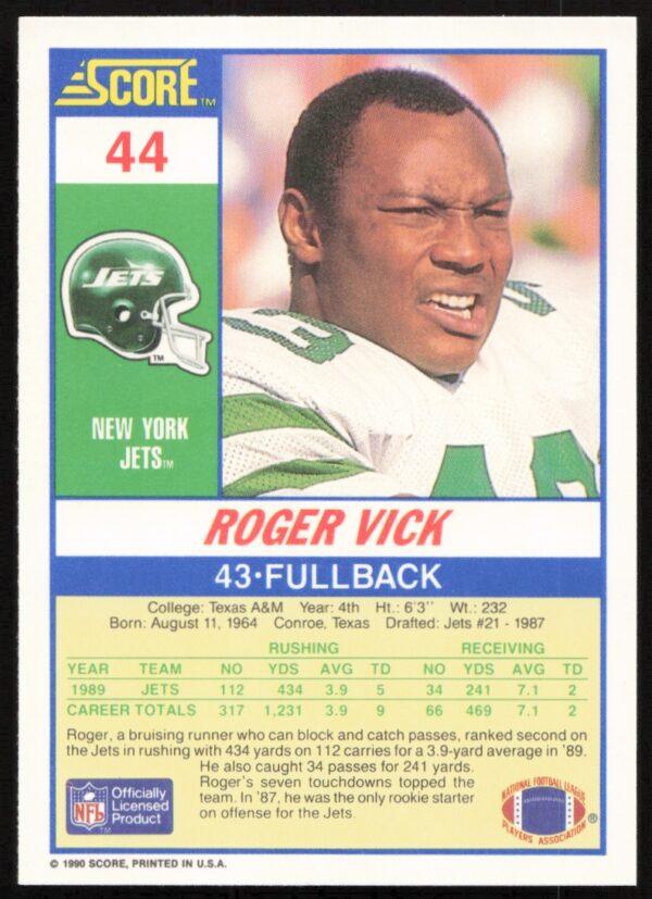 1990 Score Roger Vick #44 (Back)