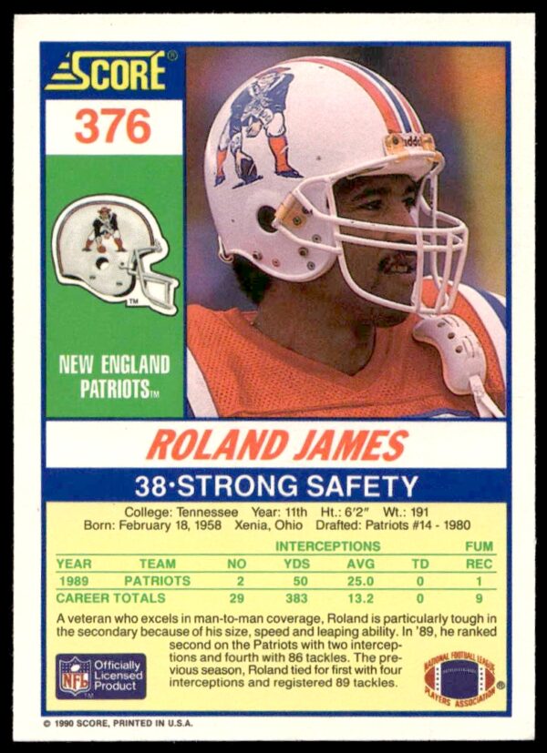 1990 Score Roland James #376 (Back)