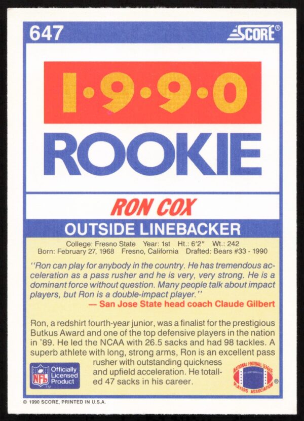 1990 Score Ron Cox #647 (Back)