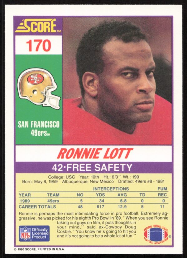 1990 Score Ronnie Lott #170 (Back)