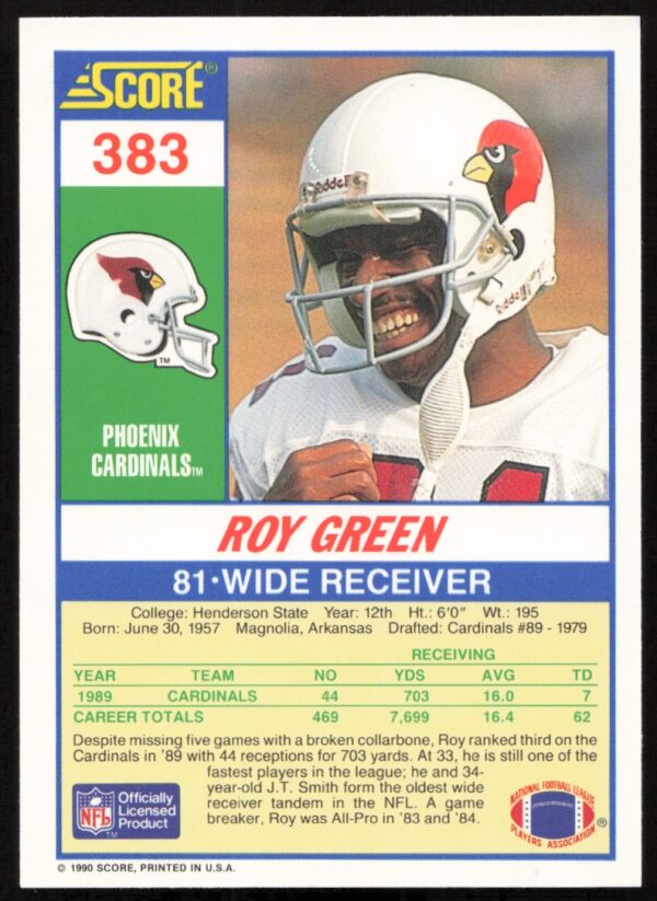 1990 Score Roy Green #383 (Back)