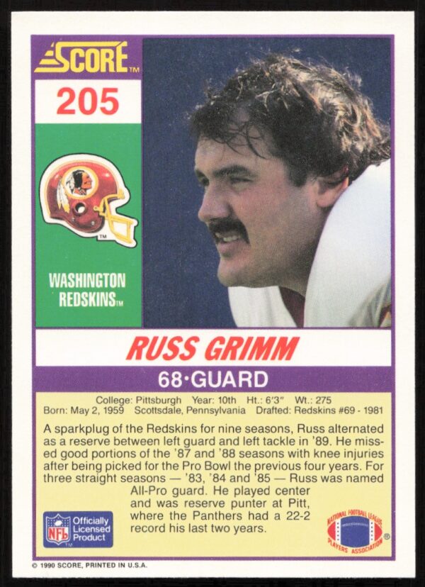 1990 Score Russ Grimm #205 (Back)