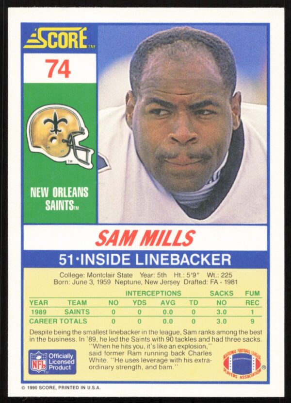 1990 Score Sam Mills #74 (Back)