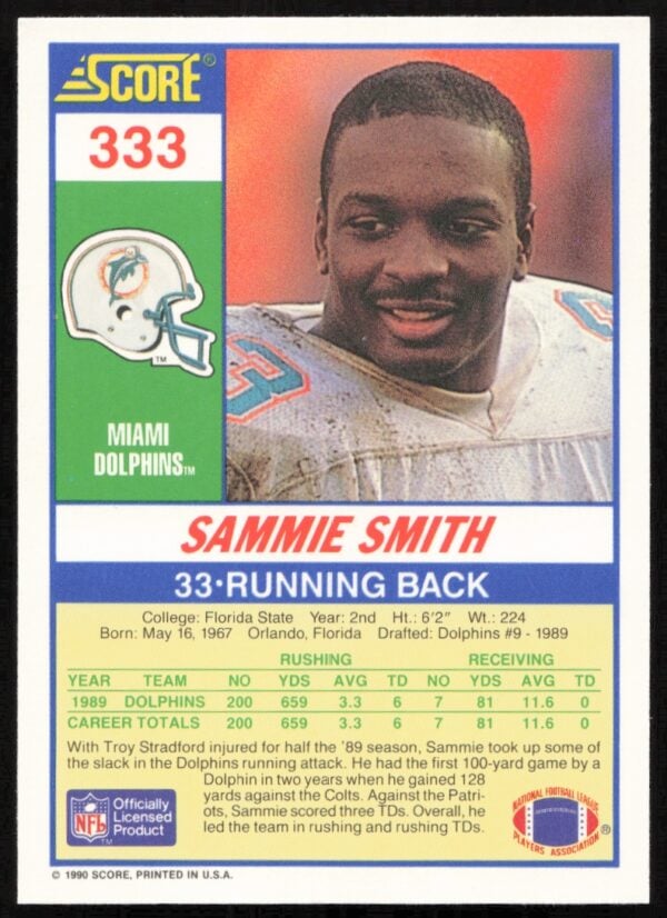 1990 Score Sammie Smith #333 (Back)