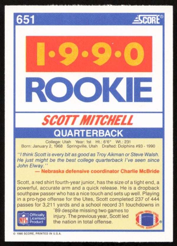 1990 Score Scott Mitchell #651 (Back)