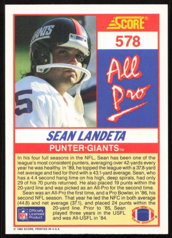 1990 Score Sean Landeta #578 (Back)