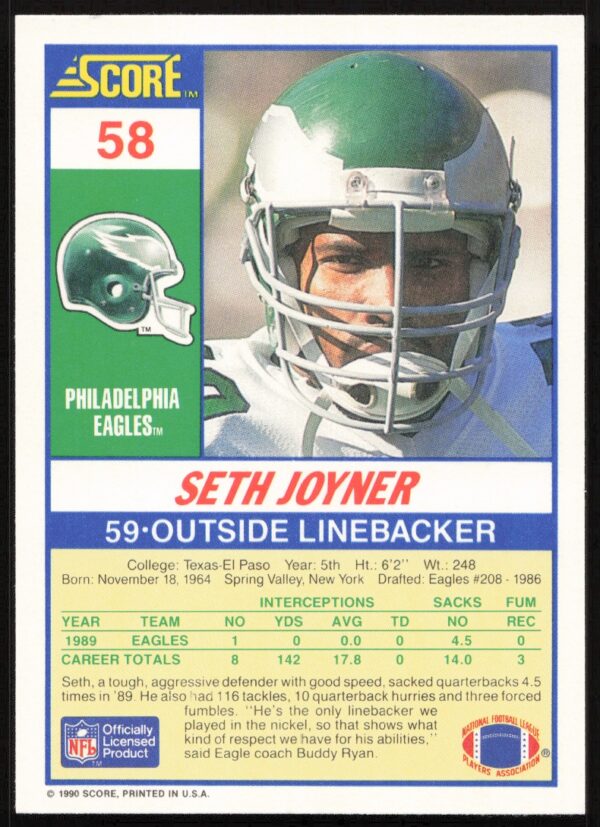 1990 Score Seth Joyner #58 (Back)