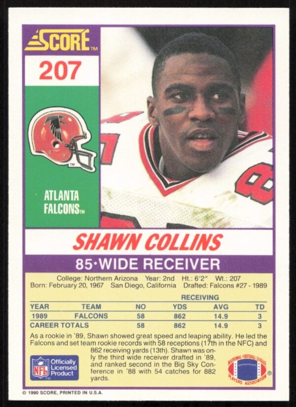 1990 Score Shawn Collins #207 (Back)