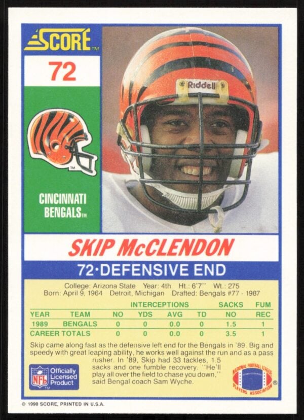 1990 Score Skip McClendon #72 (Back)