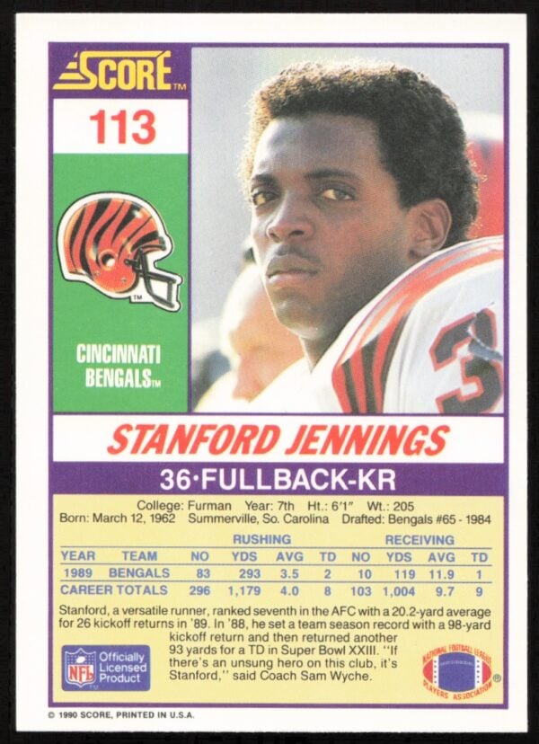 1990 Score Stanford Jennings #113 (Back)