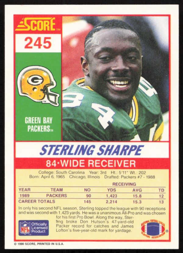 1990 Score Sterling Sharpe #245 (Back)