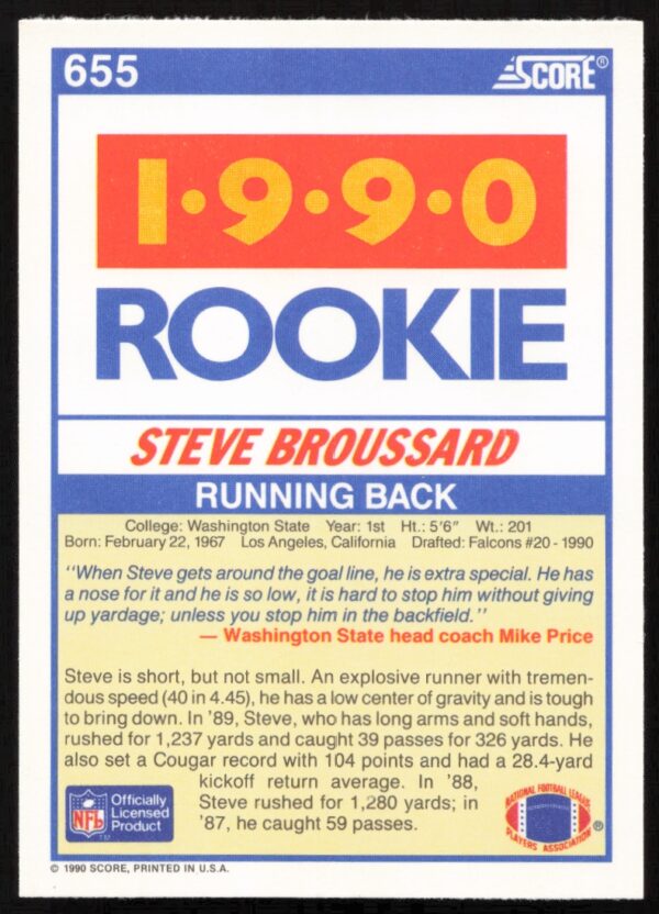 1990 Score Steve Broussard #655 (Back)