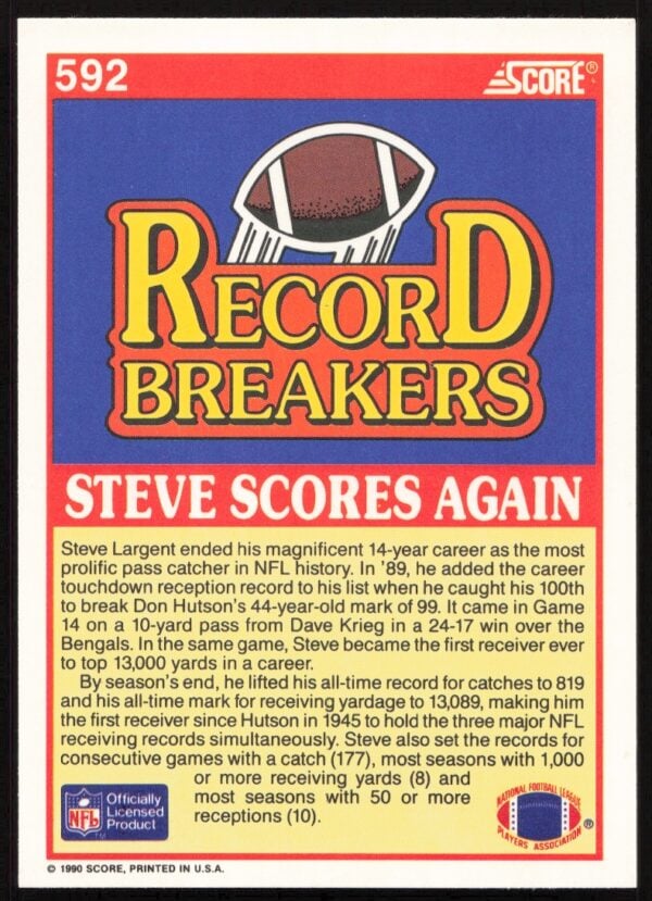 1990 Score Steve Largent #592 (Back)