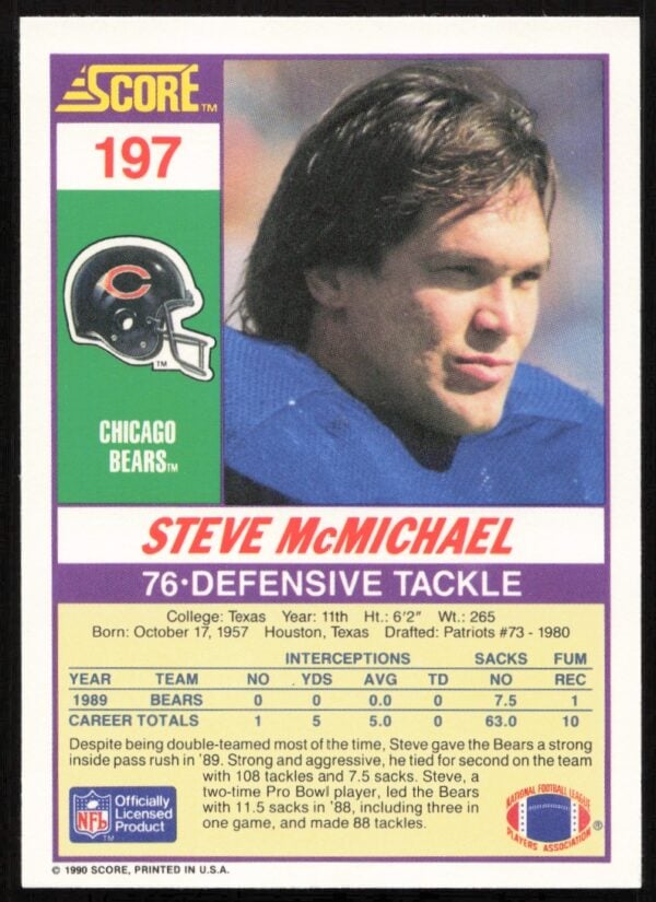 1990 Score Steve McMichael #197 (Back)