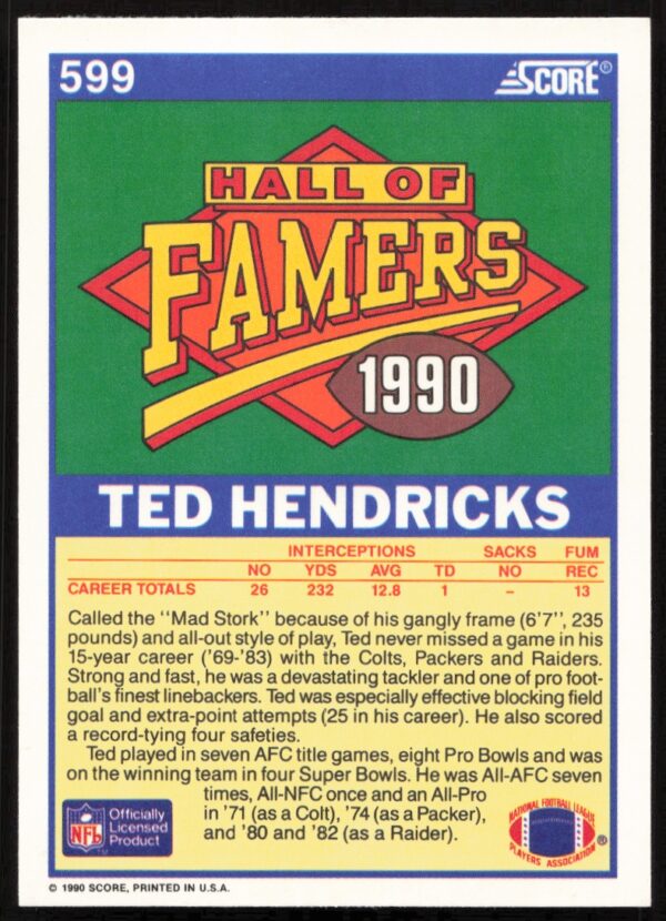 1990 Score Ted Hendricks #599 (Back)