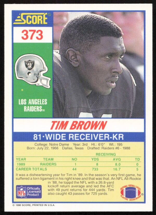 1990 Score Tim Brown #373 (Back)