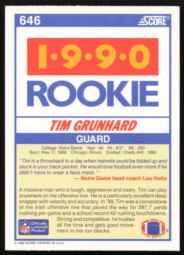 1990 Score Tim Grunhard #646 (Back)