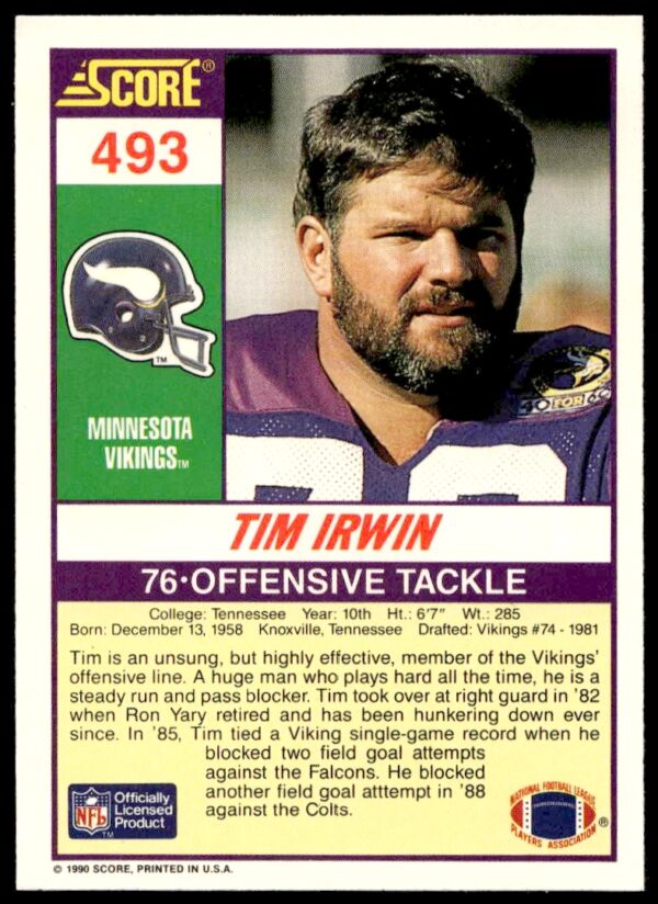 1990 Score Tim Irwin #493 (Back)