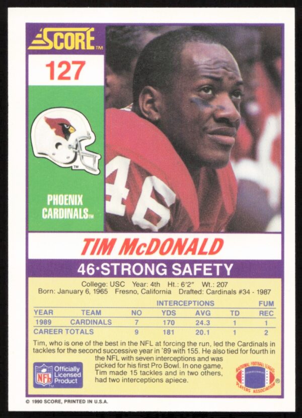 1990 Score Tim McDonald #127 (Back)